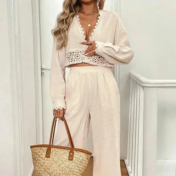 Apricot Casual Women's Fall Lace Splice Long Sleeve Cardigan And Pants - Picture 4 of 6